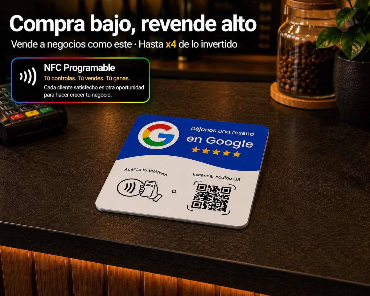 Placas NFC Adhesiva Reseñas Google Blanco + Guía RevendeMás - Pack 5 / Pack 10