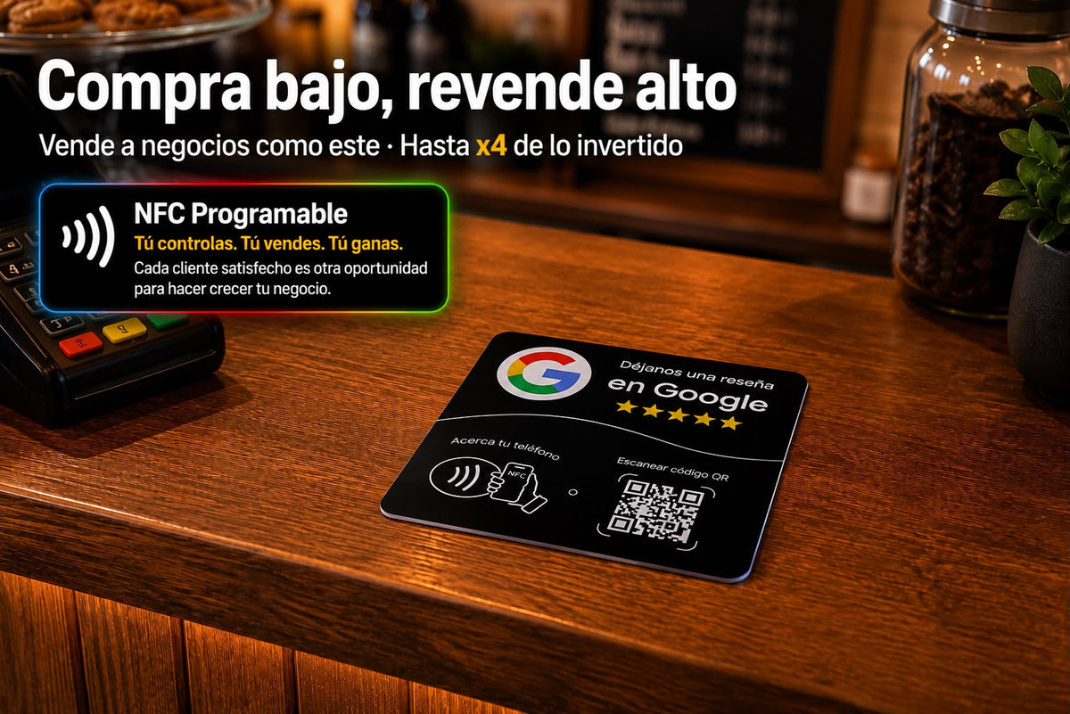 Placas NFC Adhesiva Reseñas Google Negro + Guía RevendeMás - Pack 5 / Pack 10